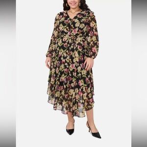 Vince Camuto Plus Size Floral Chiffon Maxi Dress Black Multi 1X NWT